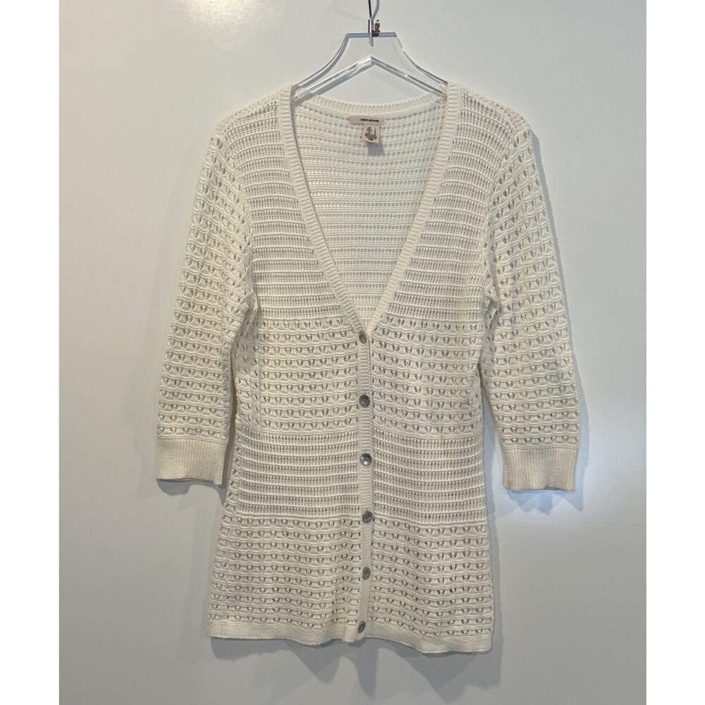 DKNY Jeans Womens White Open Knit Button Front Cardigan Sweater Size L‎ 1797